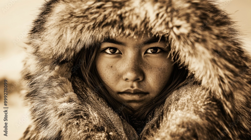 Wintery sepia portrait of an indigenous Eskimo girl, wrapped in a fur coat, with a frozen landscape and stark tones Wintery sepia portrait of an indigenous Eskimo girl, wrapped in a fur coat, with a frozen landscape and stark tones