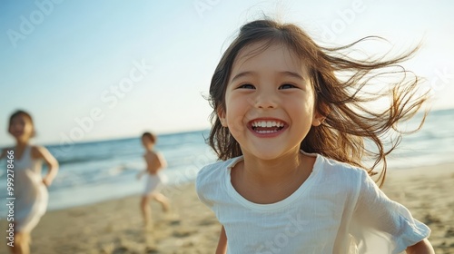 ビーチでの楽しい春の日：日本で走る若い女の子