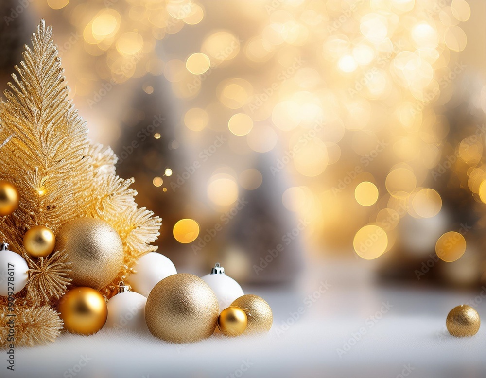 Fototapeta premium Elegant gold and white Christmas background with depth of field for a luxurious winter theme