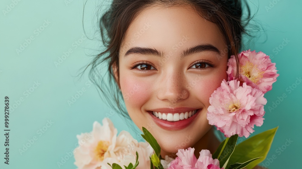 グリーティング カード用のピンクの花を持つ笑顔の女性の楽しい春のポートレート グリーティング カード用のピンクの花を持つ笑顔の女性の楽しい春のポートレート