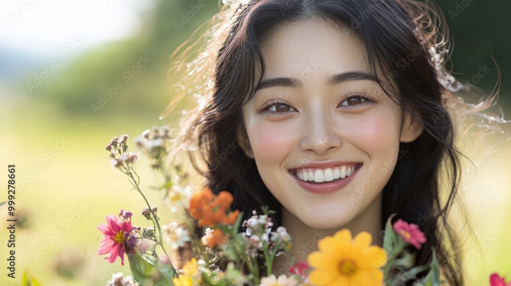 春の至福:日本の風景に映える輝く笑顔と色とりどりの花 - カードやポスターに最適 春の至福:日本の風景に映える輝く笑顔と色とりどりの花 - カードやポスターに最適