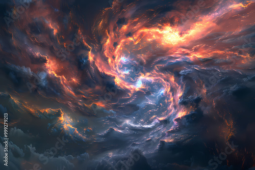 A mesmerizing swirl of cosmic colors, featuring vibrant reds, oranges, and deep blues against a dark celestial backdrop.