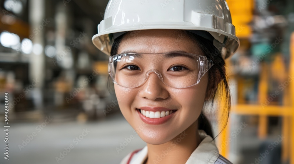 ヘルメットをかぶった笑顔の日本人女性エンジニア - 産業およびエンジニアリングの概念 ヘルメットをかぶった笑顔の日本人女性エンジニア - 産業およびエンジニアリングの概念
