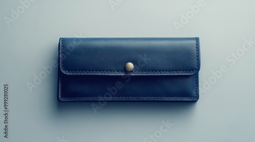 A classic, navy blue wallet with a snap button closure, isolated on a plain background