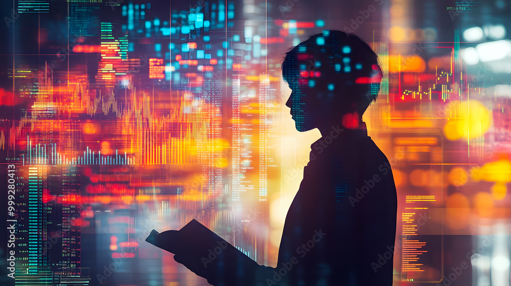 Silhouette of a Person with Data Visualization Background Silhouette of a Person with Data Visualization Background