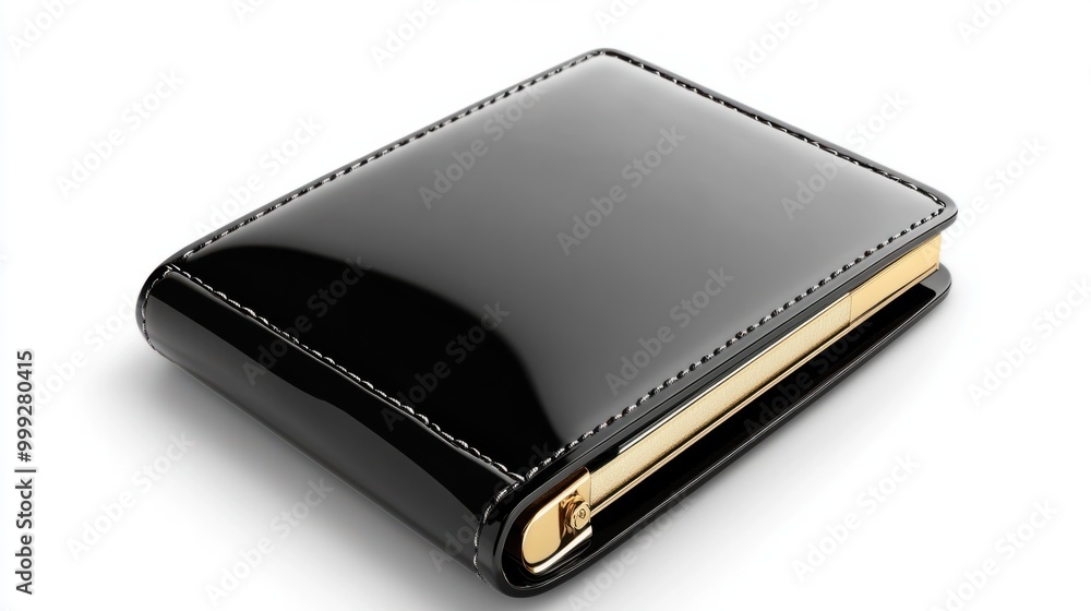 A glossy black wallet with a gold logo emblem, isolated on a white background A glossy black wallet with a gold logo emblem, isolated on a white background