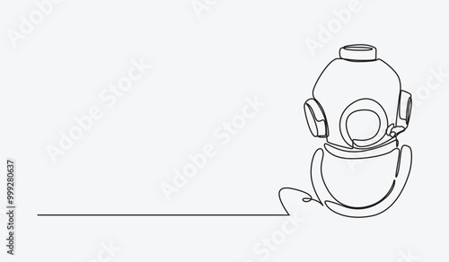 Continuous one line drawing of old diving scuba helmet. Vintage, underwater concept. Editable stroke vector.