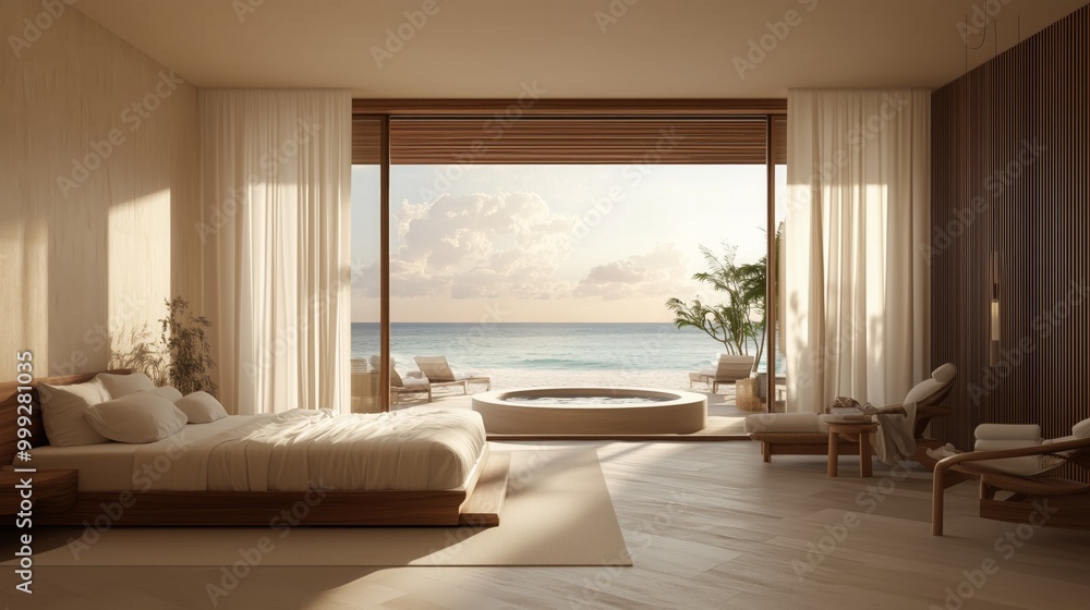Seaside resort room interior design Atmosphere during sunset Seaside resort room interior design Atmosphere during sunset