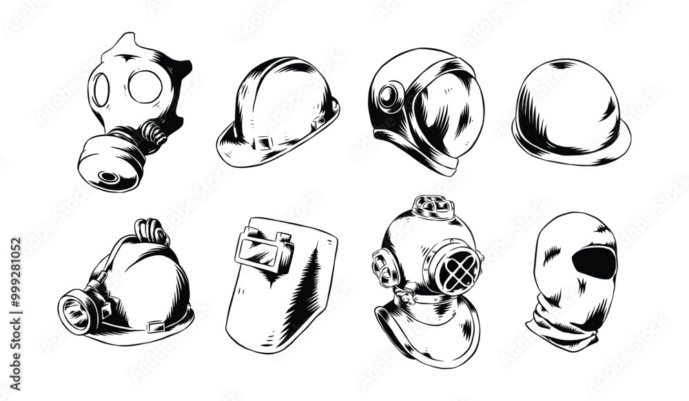 Set drawing of helmet and mask. Isolated on white background. Engraving hand drawn vector illustration. Set drawing of helmet and mask. Isolated on white background. Engraving hand drawn vector illustration.
