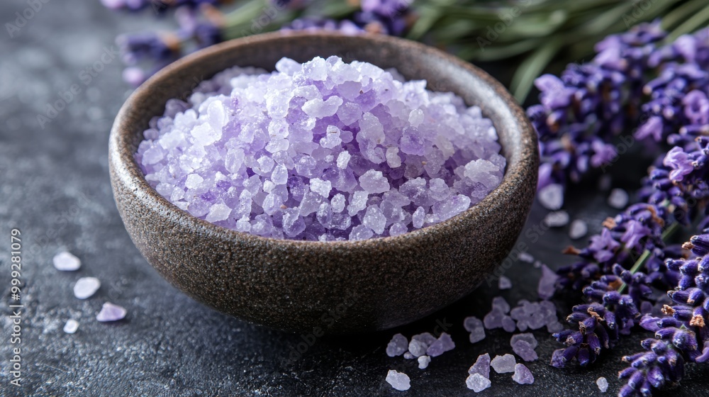 Lavender Bath Salt in Bowl with Fresh Lavender Flowers Lavender Bath Salt in Bowl with Fresh Lavender Flowers