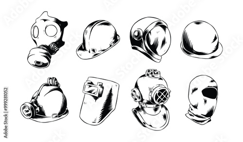 Set drawing of helmet and mask. Isolated on white background. Engraving hand drawn vector illustration.