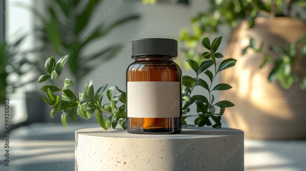 Amber Glass Bottle Mockup with Blank Label on Concrete Podium with Green Foliage Amber Glass Bottle Mockup with Blank Label on Concrete Podium with Green Foliage