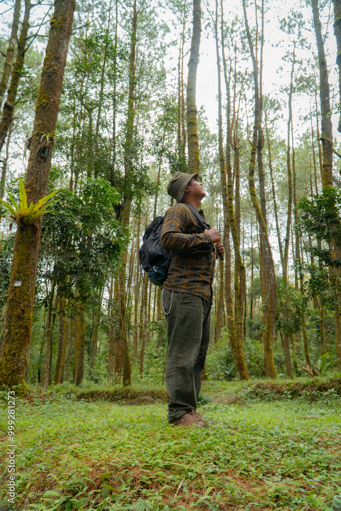 Asian man in adventure outfit in dense and green pine forest area. An adventurer in a flannel shirt, bucket hat, and backpack poses against a backdrop of dense pine trees. Asian man in adventure outfit in dense and green pine forest area. An adventurer in a flannel shirt, bucket hat, and backpack poses against a backdrop of dense pine trees.