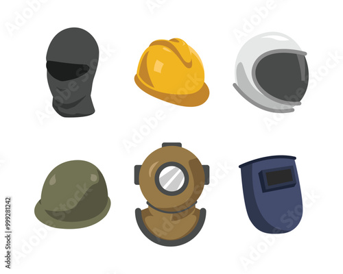 Set collection of helmet and mask. Balaclava, welding mask, safety, astronaut, army, and old diving helmet. Flat vector illustration.