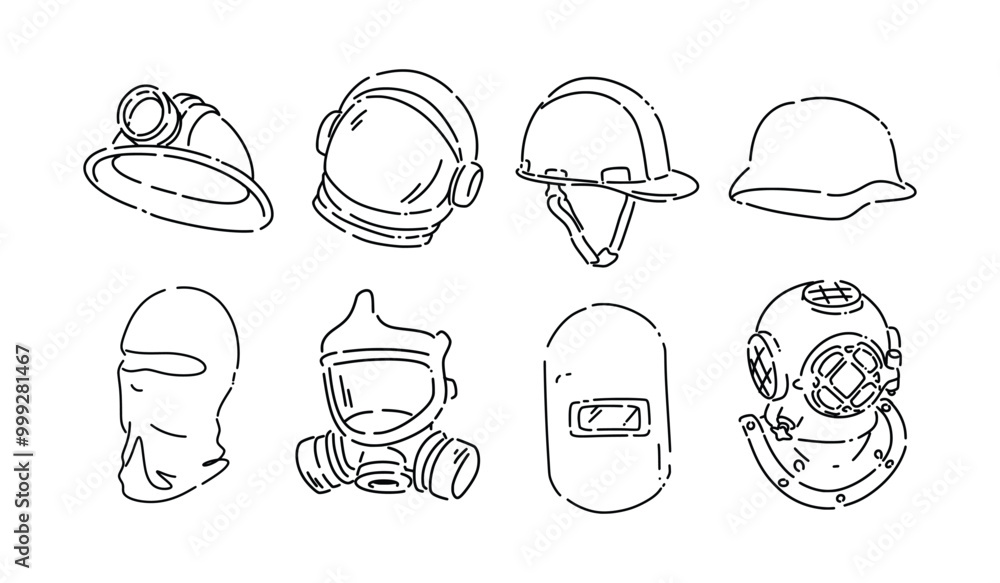 Set collection line drawing of helmet and mask. Miner, astronaut, safety, army, balaclava, gas mask, welding, and old diving helmet. Vector illustration. Set collection line drawing of helmet and mask. Miner, astronaut, safety, army, balaclava, gas mask, welding, and old diving helmet. Vector illustration.
