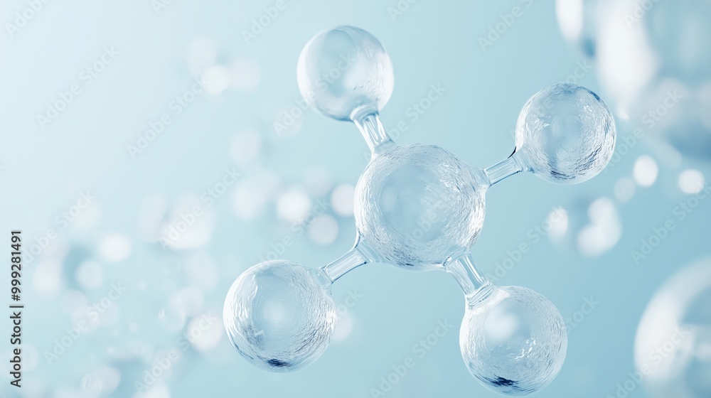 Close-up of the molecular structure, a water molecule on a light blue background Close-up of the molecular structure, a water molecule on a light blue background