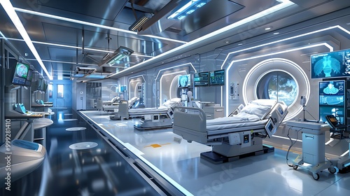 Obraz na płótnie Futuristic hospital room with advanced technology and medical equipment, featuring beds, monitors, and a clean, modern interior. w salonie