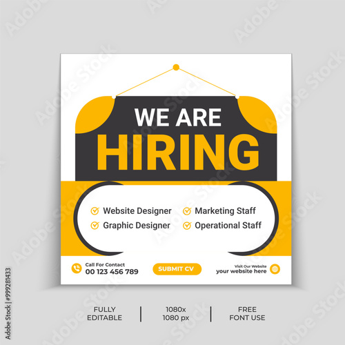 We are hiring yellow job vacancy social media and square web banner template