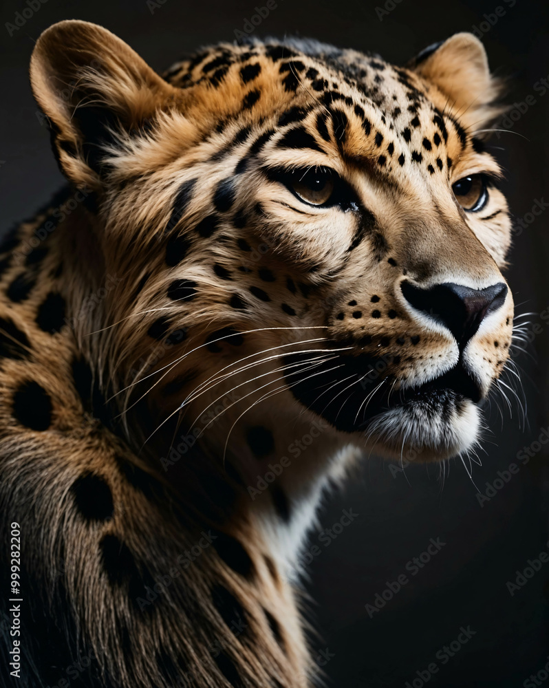Fototapeta premium professional photo of leopard side view in a dark room black background close up