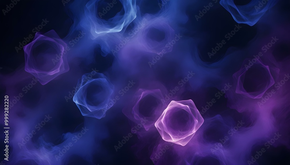 An abstract composition of hexagonal shapes glowing in deep blue and intense purple, against a dark background with swirling mist for added depth. An abstract composition of hexagonal shapes glowing in deep blue and intense purple, against a dark background with swirling mist for added depth.