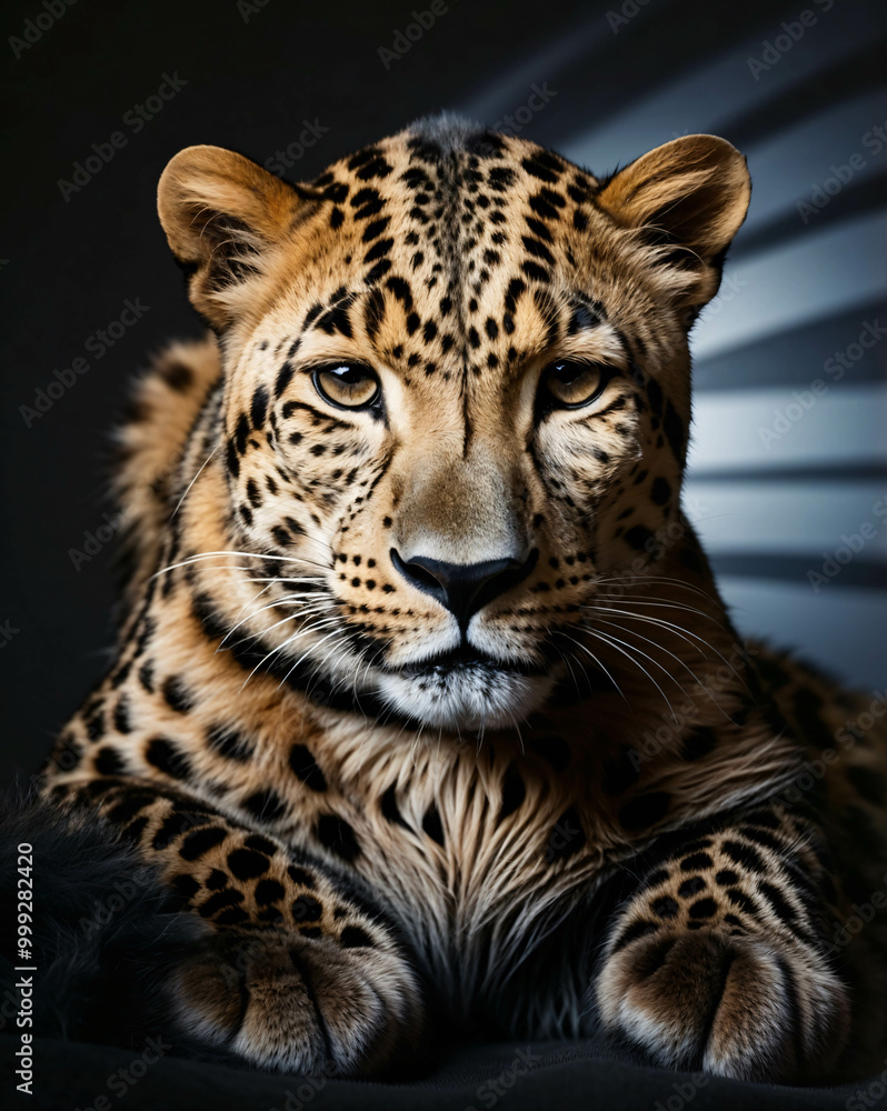Fototapeta premium professional photo of leopard front view sitting lay down in a dark room black background close up