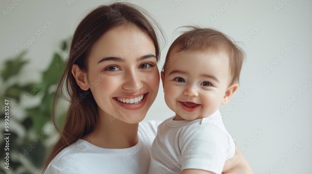 Young woman holding her baby son with brown hair on a white background Young woman holding her baby son with brown hair on a white background