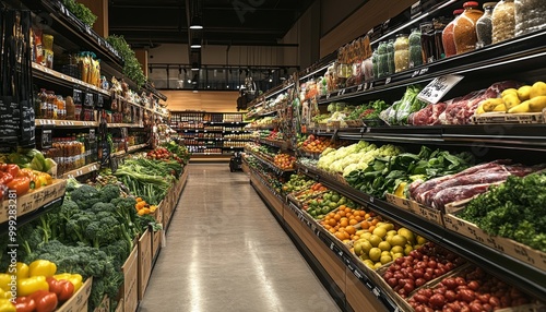 Grocery Store Produce. Fresh Produce Section. Farmers Market Stall. Colorful Fruits and Vegetables. Complete grocery store.