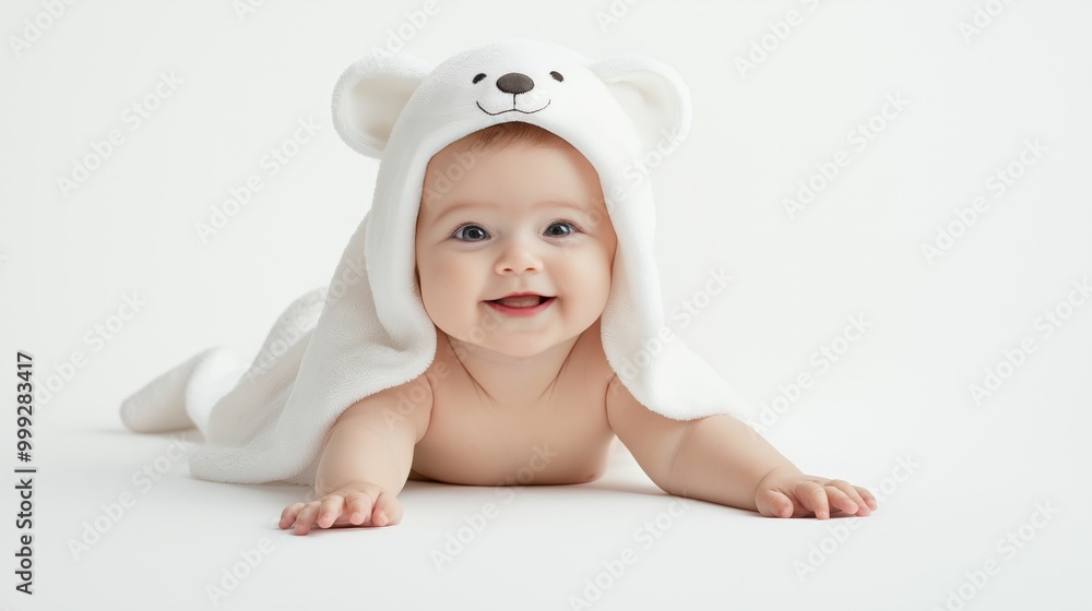 Cute baby wearing a white bear-hooded towel lying on stomach on a white background Cute baby wearing a white bear-hooded towel lying on stomach on a white background