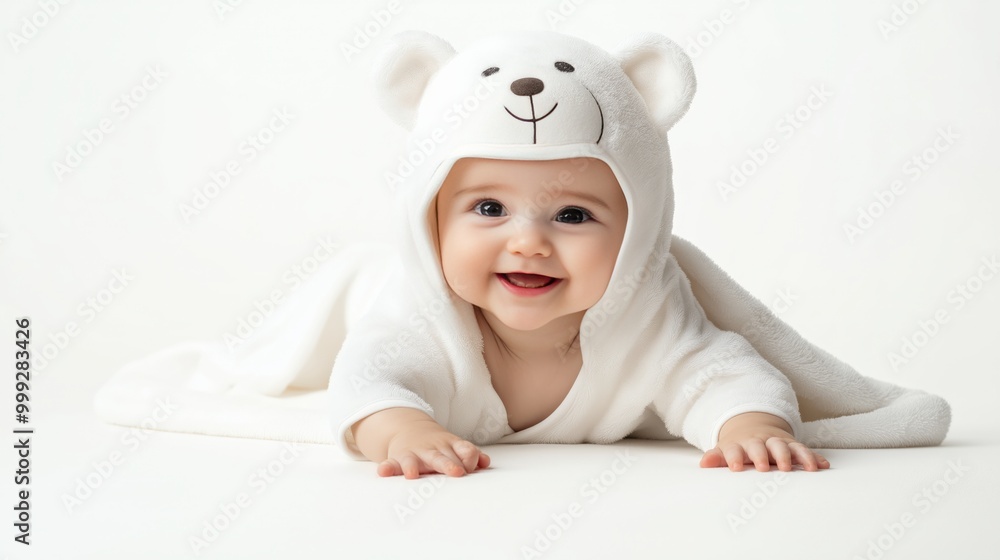 © twinklewin labs - Cute baby wearing a white bear-hooded towel lying on stomach on a white background