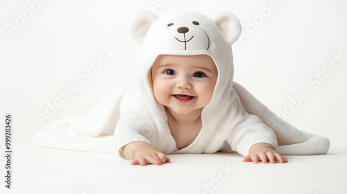 Cute baby wearing a white bear-hooded towel lying on stomach on a white background