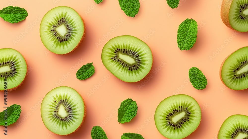 Kiwi slice fruit and fresh mint leaves natural organic arranged pattern seamless diagonal layout Kiwi slice fruit and fresh mint leaves natural organic arranged pattern seamless diagonal layout