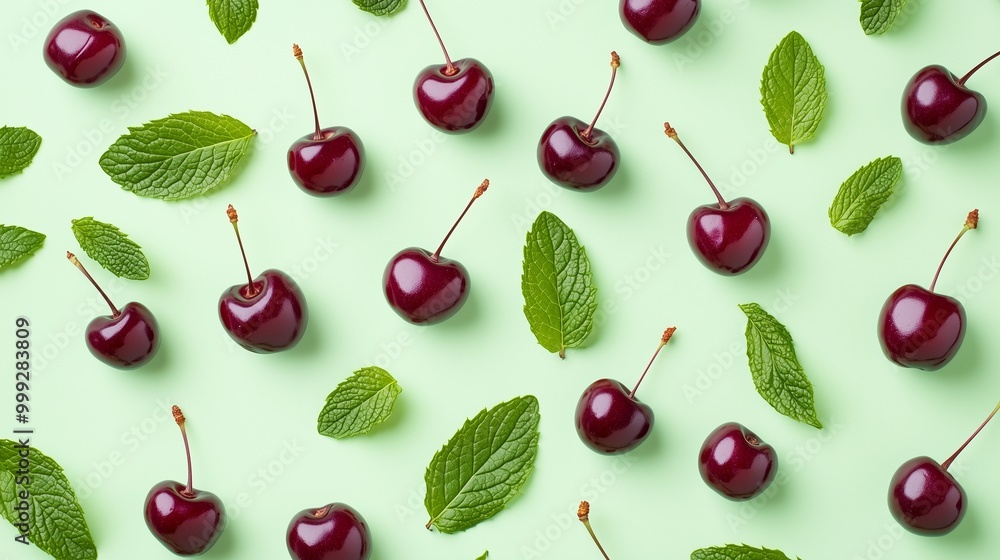 Cherry fruit and fresh mint leaves natural organic arranged pattern seamless diagonal layout Cherry fruit and fresh mint leaves natural organic arranged pattern seamless diagonal layout