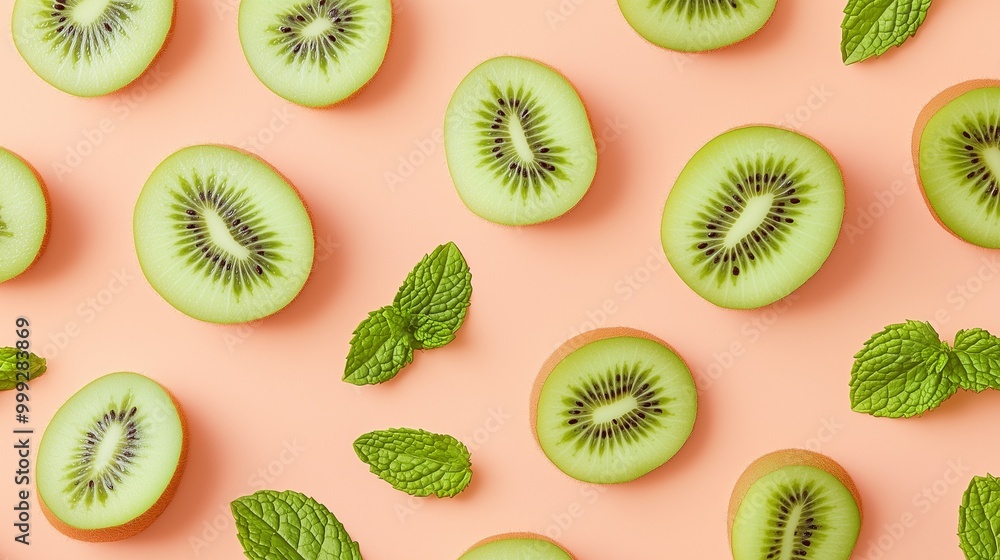 Fototapeta premium Kiwi slice fruit and fresh mint leaves natural organic arranged pattern seamless diagonal layout