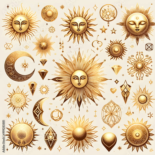 Vector golden set of mystical magic different sun and moon. Spiritual occultism objects, trendy style. Elements template for posters, prints, patterns, illustrations and logos. 