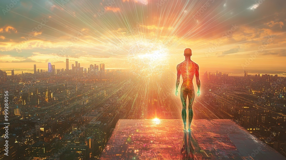 A captivating visual representation exploring the concept of health and future, set against an urban backdrop. A captivating visual representation exploring the concept of health and future, set against an urban backdrop.