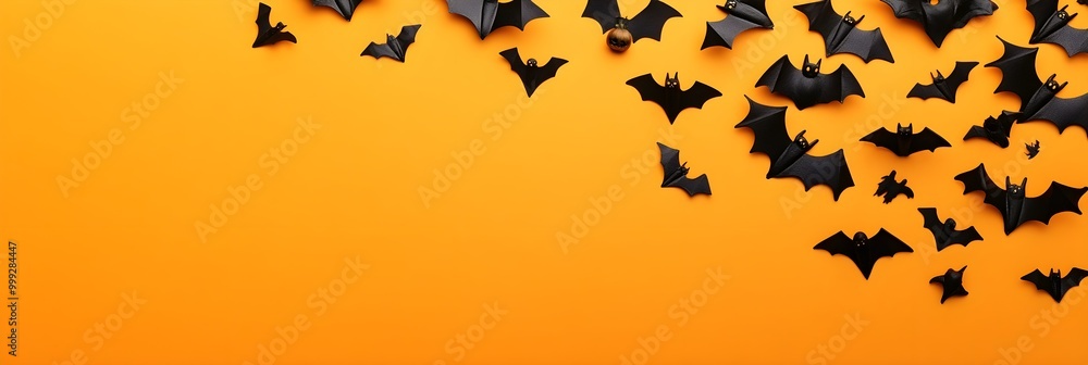 Naklejka premium Happy halloween holiday concept. Halloween decorations, bats, ghosts on orange background