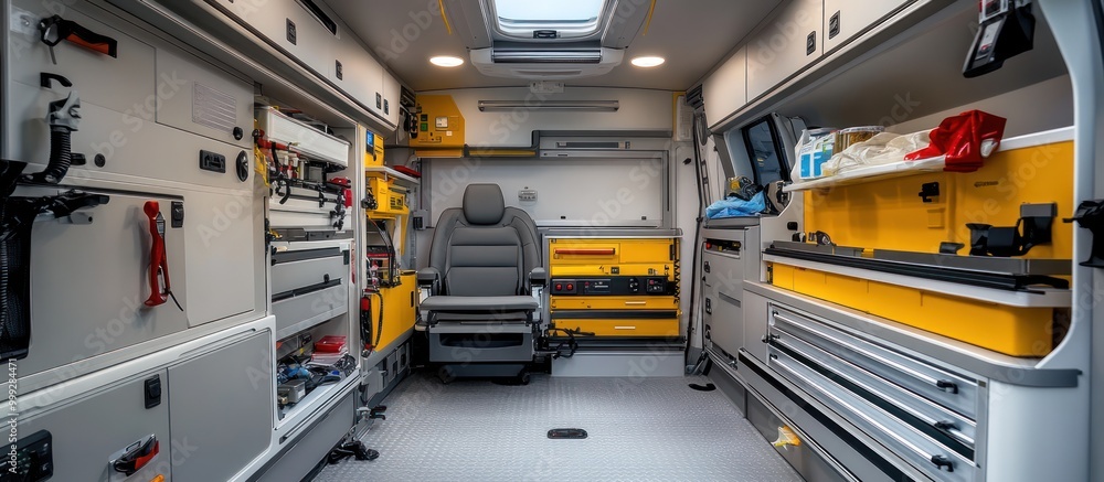 The interior of a mobile service vehicle with a single seat and cabinets with shelves. The interior of a mobile service vehicle with a single seat and cabinets with shelves.