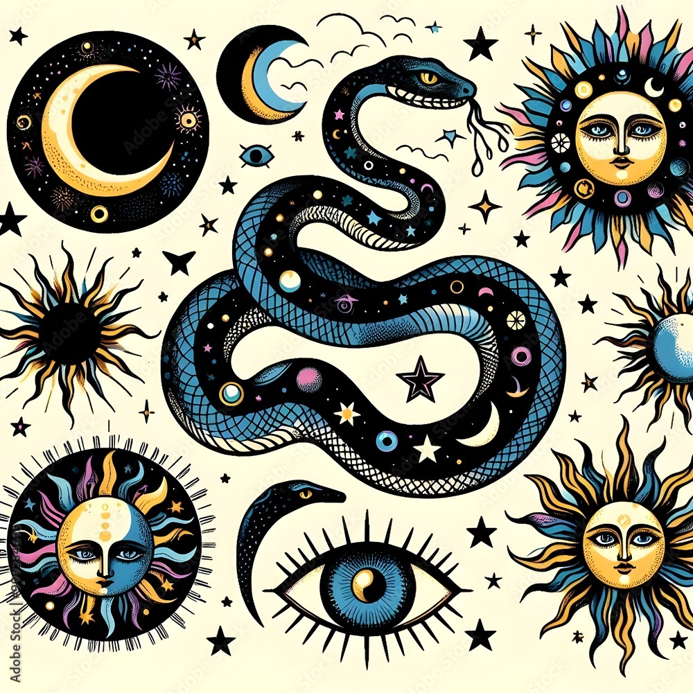 Obraz premium Vector snake set of mystical magic objects- moon, eyes, constellations, sun and stars. Spiritual occultism symbols, esoteric objects.