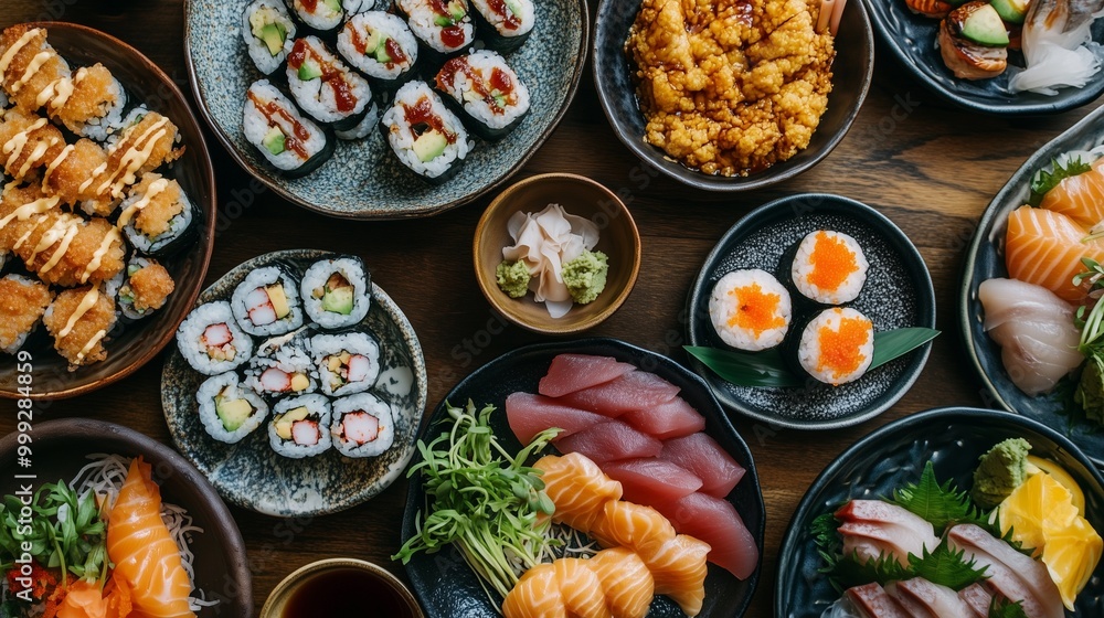 Fototapeta premium An assorted platter of delicious sushi, sashimi, and Japanese appetizers beautifully arranged on dark plates.