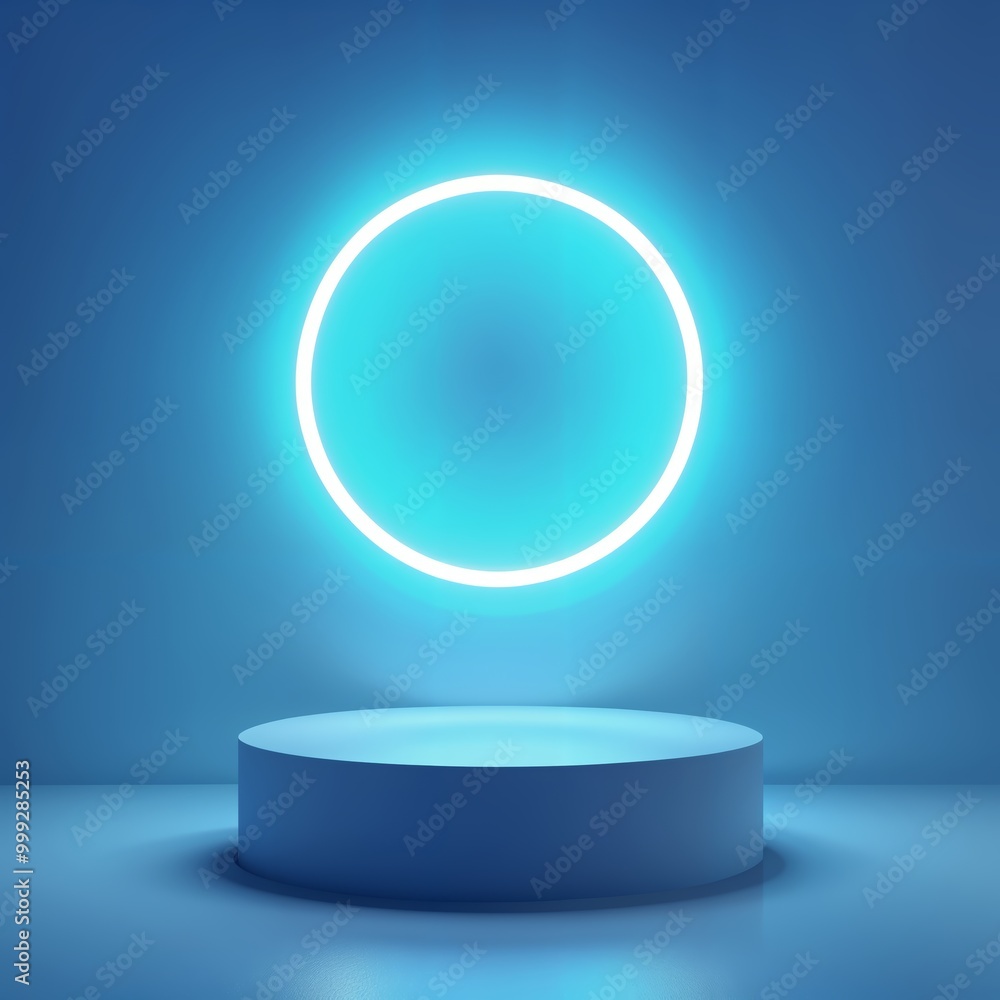 A Glowing Blue Neon Circle Hovering Above a Minimalist Blue Podium Platform for Modern Artwork Display A Glowing Blue Neon Circle Hovering Above a Minimalist Blue Podium Platform for Modern Artwork Display