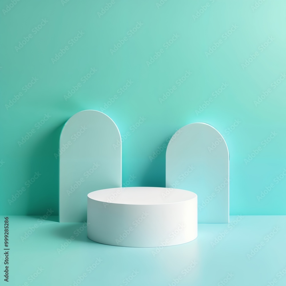 Two White Geometric Shapes and Podium on a Teal Background Perfect for Modern Design and Creative Projects Two White Geometric Shapes and Podium on a Teal Background Perfect for Modern Design and Creative Projects