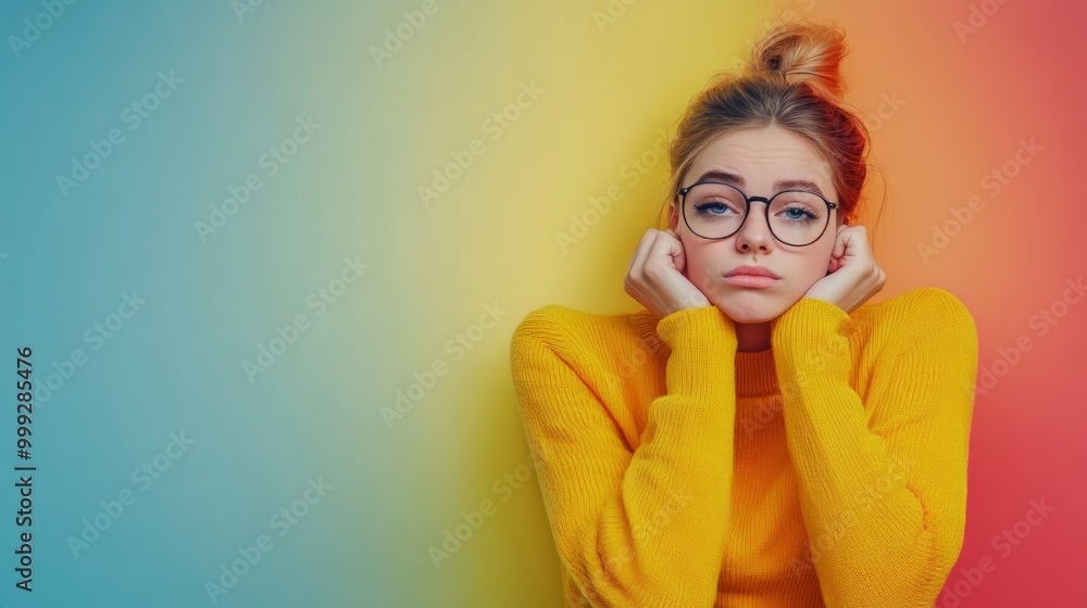 Bored Young Woman with Glasses in Yellow Pensive Pose
