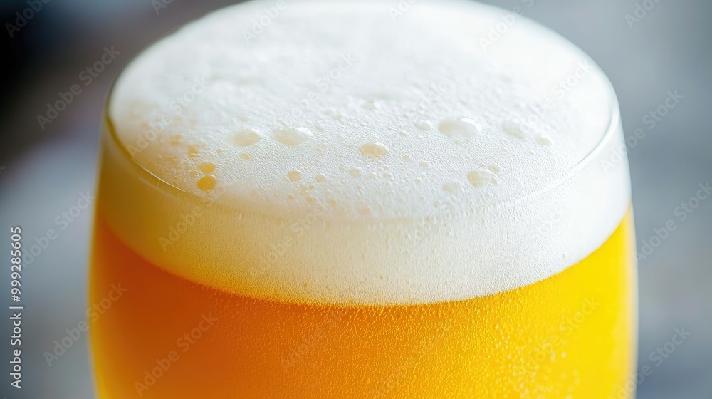 A glass of yellow beer topped with frothy white foam, photographed close up to show its vibrant, refreshing texture A glass of yellow beer topped with frothy white foam, photographed close up to show its vibrant, refreshing texture