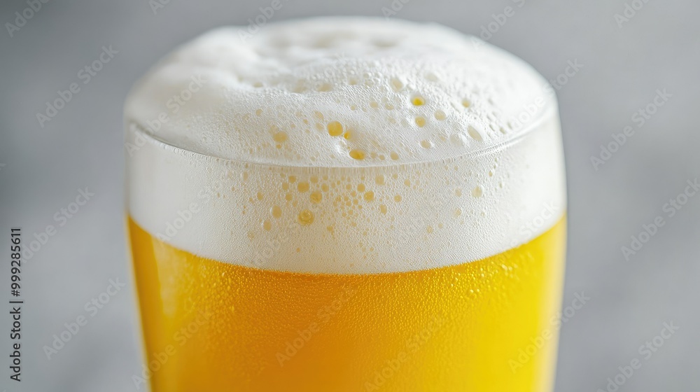 A glass of yellow beer topped with frothy white foam, photographed close up to show its vibrant, refreshing texture A glass of yellow beer topped with frothy white foam, photographed close up to show its vibrant, refreshing texture