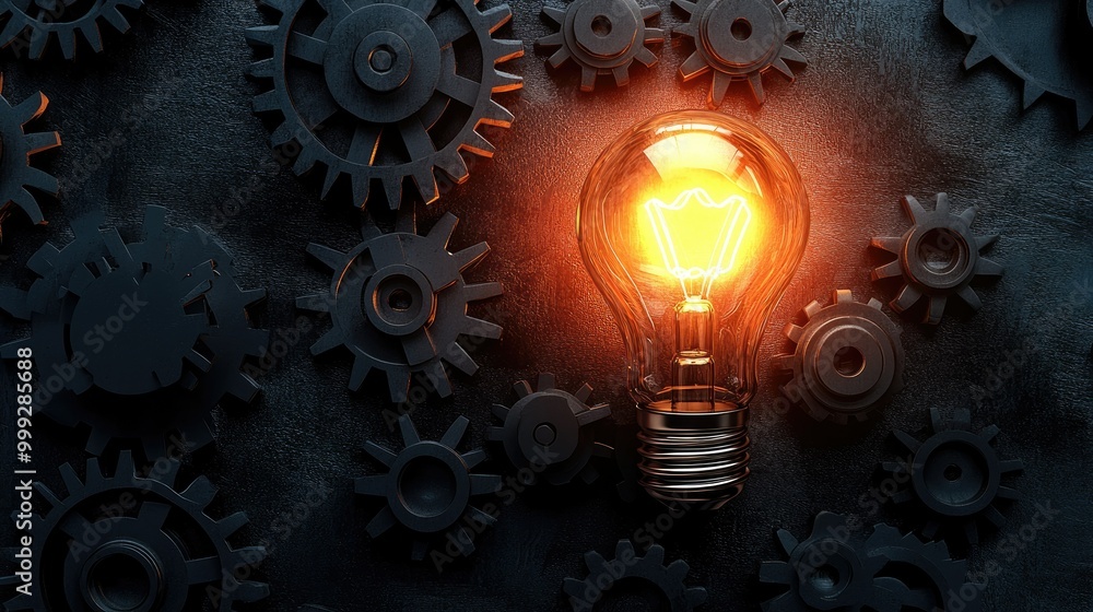 A glowing light bulb above gears, representing an innovative breakthrough in marketing strategy and creative business ideas A glowing light bulb above gears, representing an innovative breakthrough in marketing strategy and creative business ideas