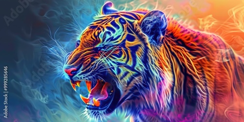 Wallpaper Mural Dynamic Multi-Colored Tiger Displaying Its Might, with Bright Colors Amplifying Its Fierce Expression. Torontodigital.ca