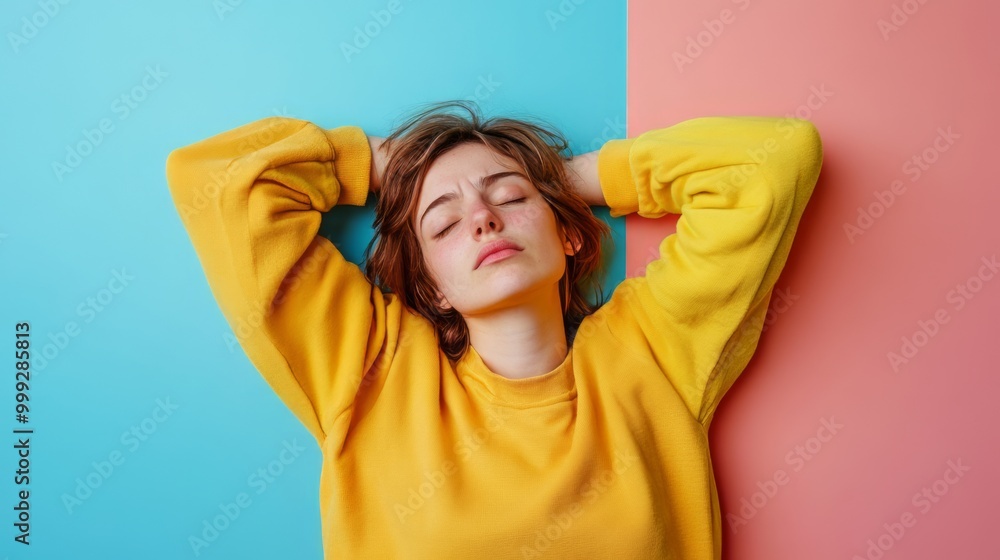Woman Feeling Tired and Resting with Hands Up and Eyes Closed in Vibrant Colors Woman Feeling Tired and Resting with Hands Up and Eyes Closed in Vibrant Colors