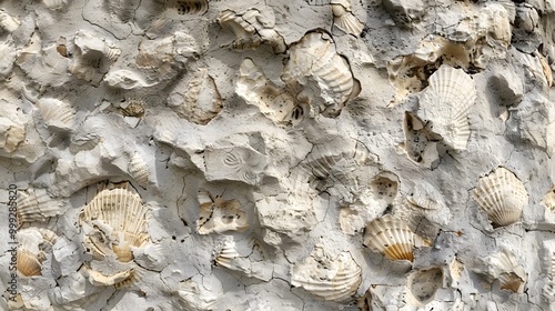 Fossil shells and coral embedded in light beige rock. photo