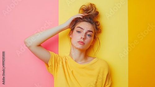 Exhausted Young Woman Feeling Stressed in Colorful Studio Setting