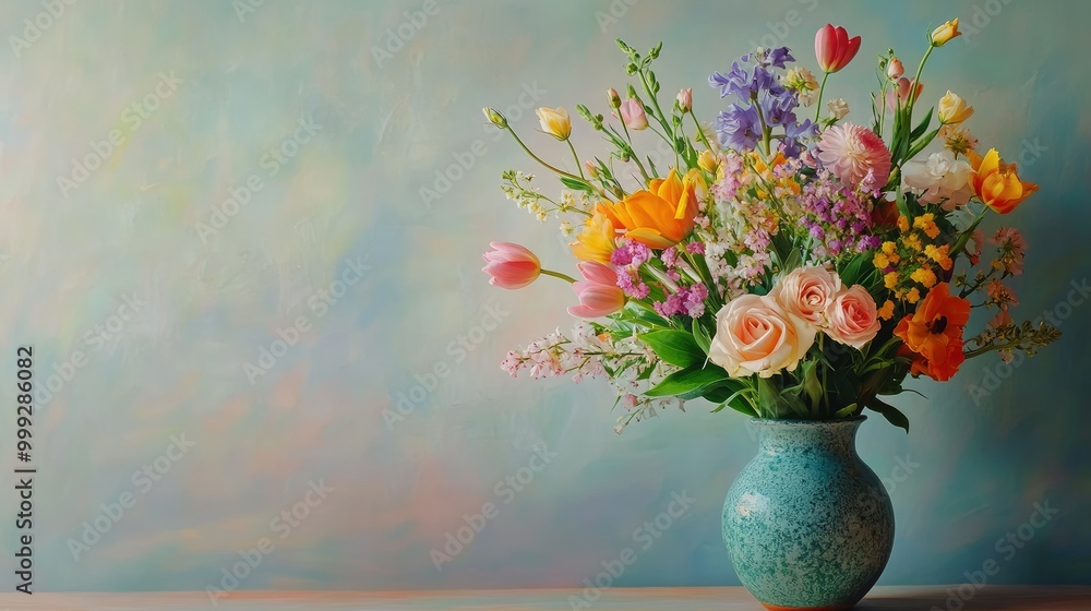 A lively spring bouquet in a vase, against a calm background with lots of space for text A lively spring bouquet in a vase, against a calm background with lots of space for text